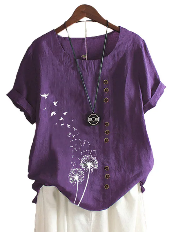 

Свободная хлопково-льняная футболка ort Sve, летняя повседневная женская футболка с художественным принтом, удобный круглый топ больших размеров