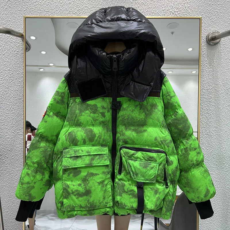 Outerwear Winter Warm Hooded Short color matching Women Down Jacket New 90% White duck down Loose camouflage Women\'s Puffer Coat