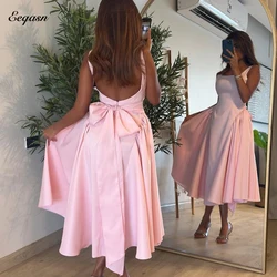 Pink Midi Evening Dress Straps Satin 2026 Women A Line Backless Formal Occasion Dresses Vestido De Gala Noche Mujer Customized