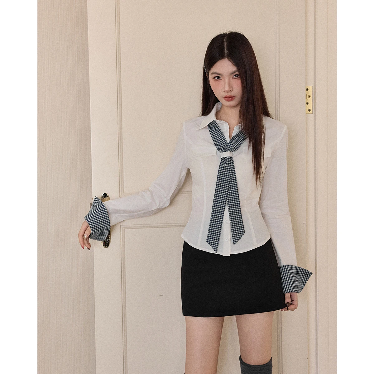 

Slim Fit Long Sve irt Women's Original Korean Sle Pure Desire Spicy Girl Turn-down Collar Inner Wear Top Spring Autumn