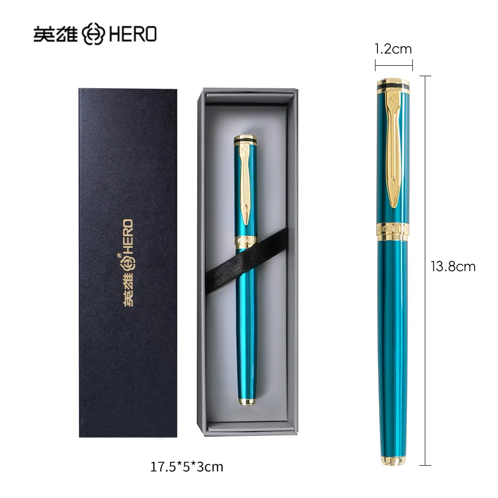 Turquoise Blue HERO 6177 Fountain Pen All Metal Piano Lacquer Iridium Nib Dual Use Ink System Smooth Writing Elegant Business