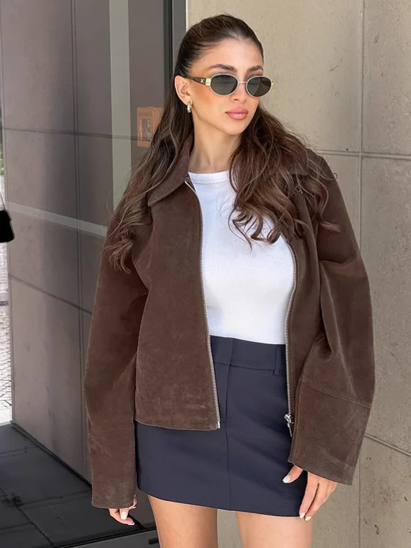 레트로 아메리칸 브라운 벨벳 라펠 루즈핏 아우터 지퍼 인조가죽 여성 코트 폴리에스터 섬유 롱 슬리브 컬러