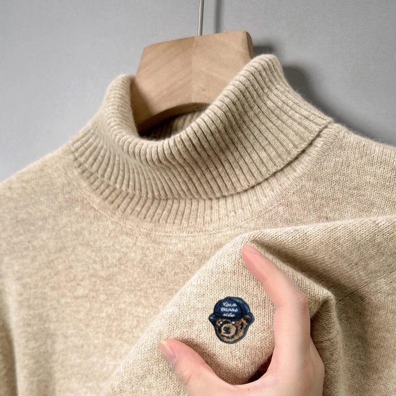 

Cartoon Bear Embroid Wool Sweater Brand Luxury Men's Knit Pullover Turtleneck Winter Janpan Velvet Business Warm Soft Menswear