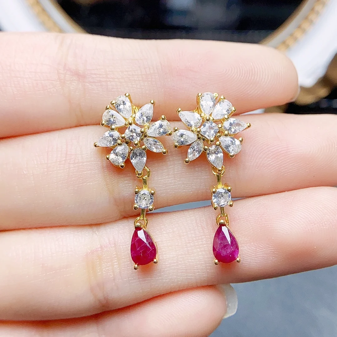 

FS Luxury 4*6mm Natural Ruby S925 Sterling Silver Flower Earrings With Certificate Fine Charm Weddings Jewelry for Women MeiBaPJ