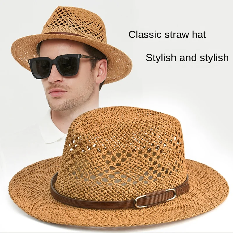 Sombrero Fedora de ala ancha para hombre y mujer, sombrero de paja de playa, tejido exquisito, malla ahuecada, transpirable, fresco, ocio de verano