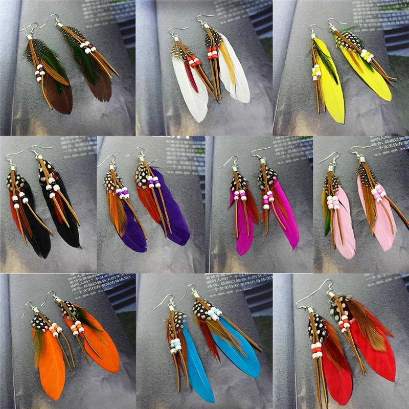 1Pair Tassel Dangling Earrings Colorful Feather Leather Beads Earrings Indian Feathers Summer Womens Fashion Jewelry