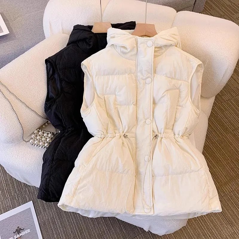 

Women Sleeveless Vest Down Cotton Jacket Solid Korea Hooded Padded Vests 2025 Ladies Casual Winter Coat Females Top Outwear