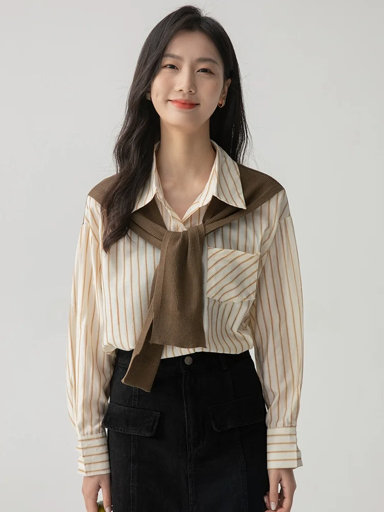 

Gansan Women's Striped awl Fake Two-Piece irt Unique Design Commute Sle Collar Long Sve Straight Cut OL Faion