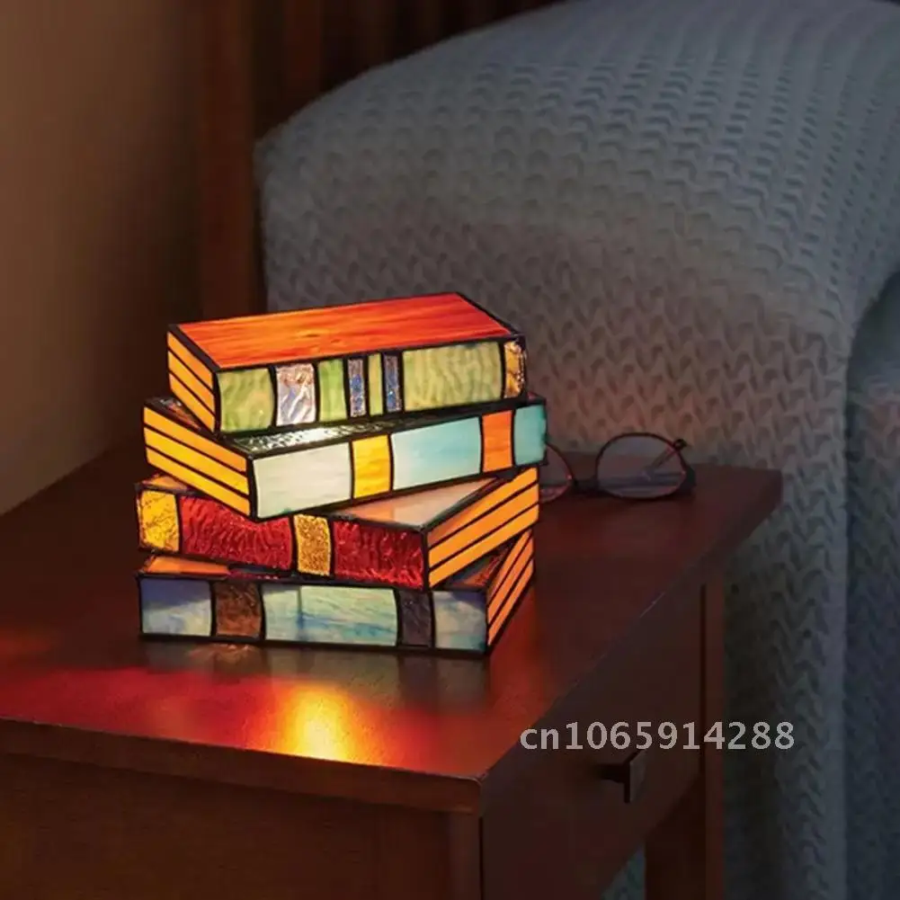 

Stained Glass Stacked Book Nightstand Colorful Resin Vintage Desk Table Home Study Reading Lamp Lamp Bedroom Decoration