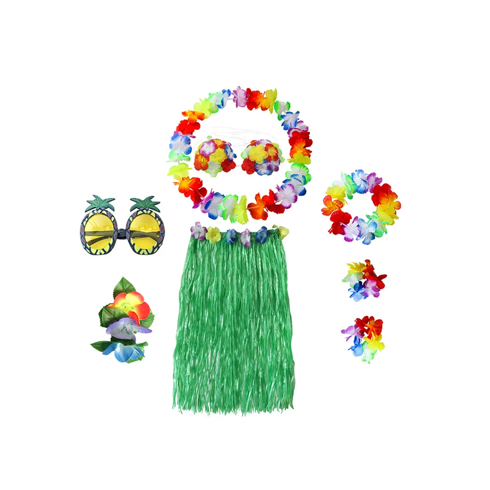 8 قطعة هاواي حولا العشب تنورة فستان مجموعة الاستوائية موضوع الوردي تنورة 60 سنتيمتر حزام مطاط زهرة اكسسوارات زي حفلة