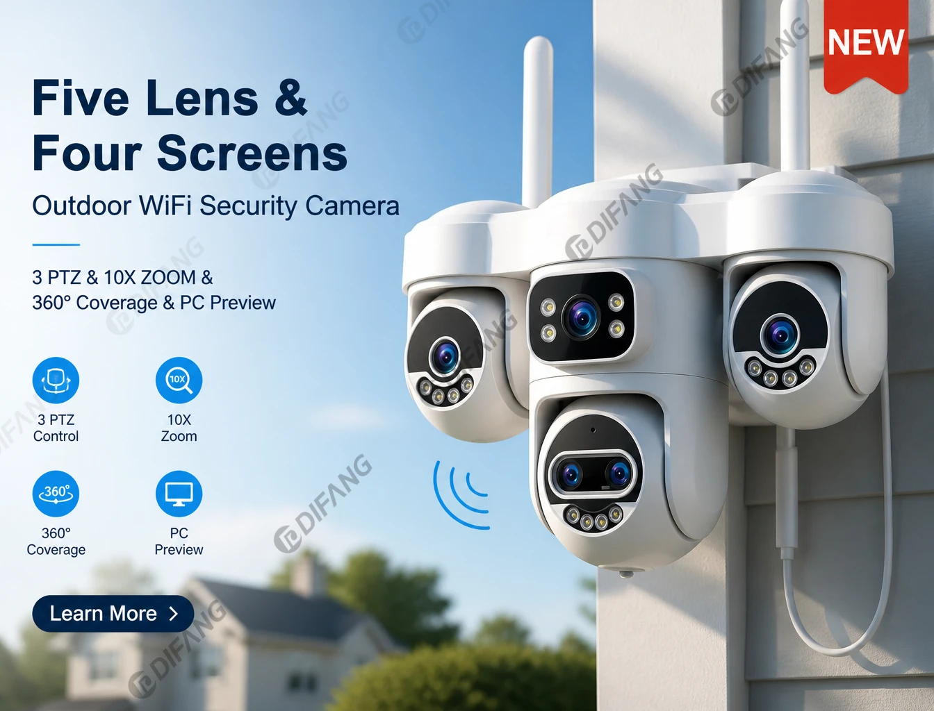 25MP 10K 2.4G/5G WiFi Outdoor PTZ Security Camera 5 Lens Quad 4 Screen 3 PTZ 10X  Zoom AI Tracking CCTV Surveillance IP Cam