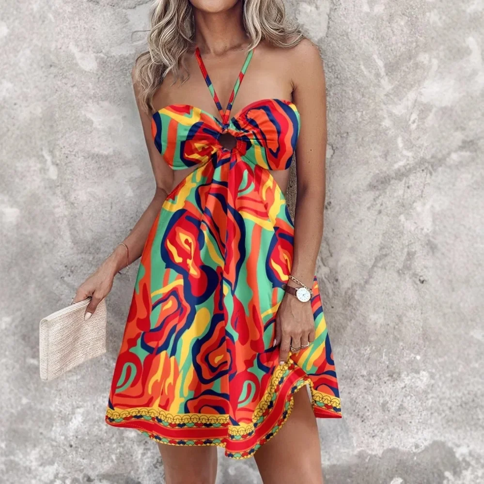 2025 Nowa letnia sukienka dla kobiet Seksowna sukienka bez pleców w klatce piersiowej Sukienka damska Casual Boho Wakacje Plaża Impreza Nadruk Mini sukienka