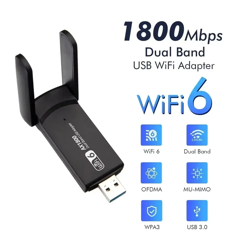 

1800 Мбит/с Wi-Fi 6 USB3.0 USB-адаптер 802.11AX Беспроводная сетевая карта Антенна Wi-Fi-ключ для ПК Win 10/11 двухдиапазонный