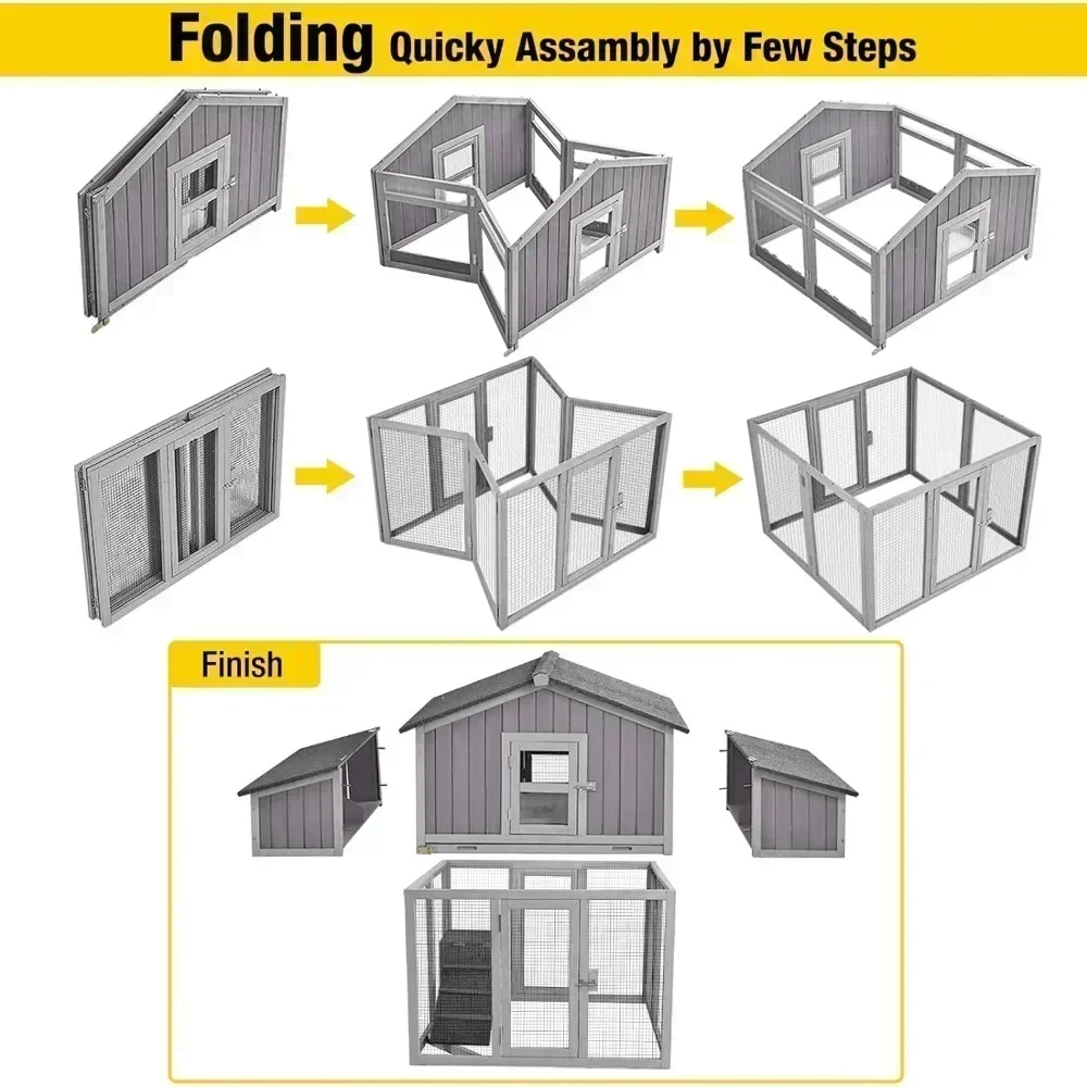 Outdoor Chicken Coop Folding Poultry Cage Quick Assembly Hen House Fir wood with Nesting Box,Spacious 26ft² for 4-6 Chickens