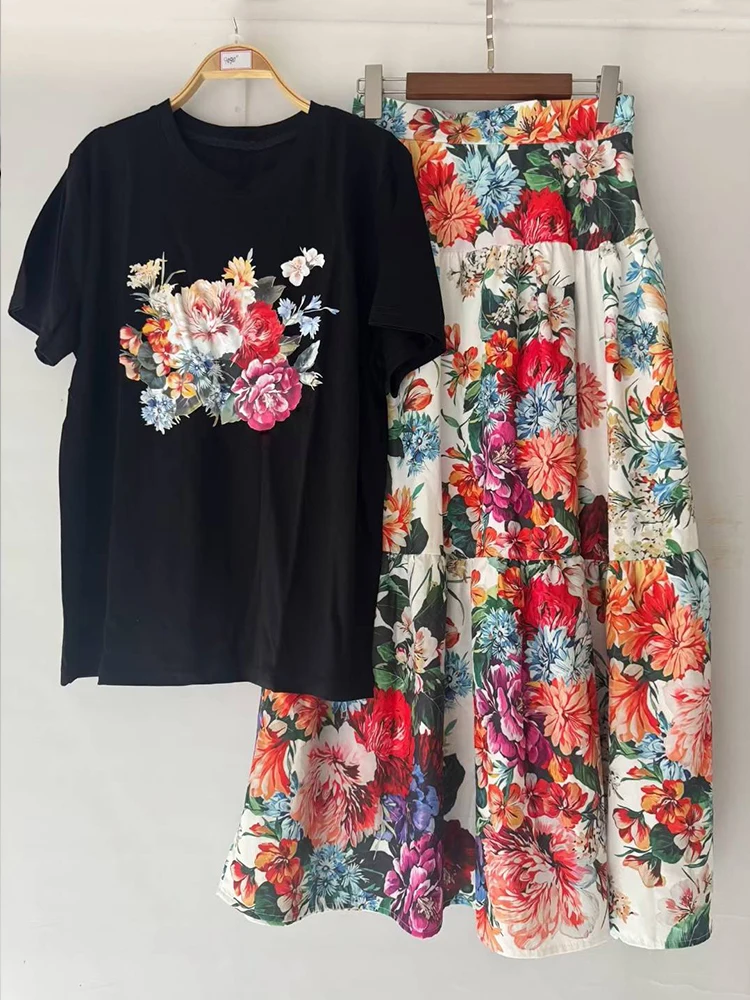 Conjunto de dos piezas de camiseta de punto de manga corta con estampado retro para mujer de verano 2025, falda holgada estampada de cintura alta, conjunto de moda
