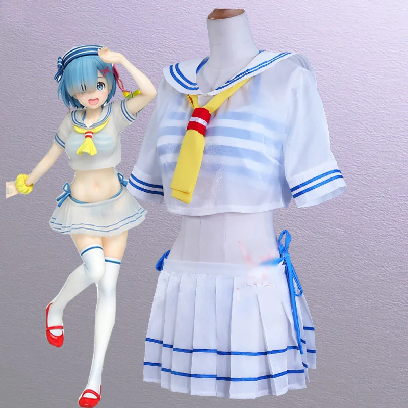 

Rem Cute Cosplay Swimwear Translucent Blue and white striped Sea Breeze Women Summer Sailor Swimsuit