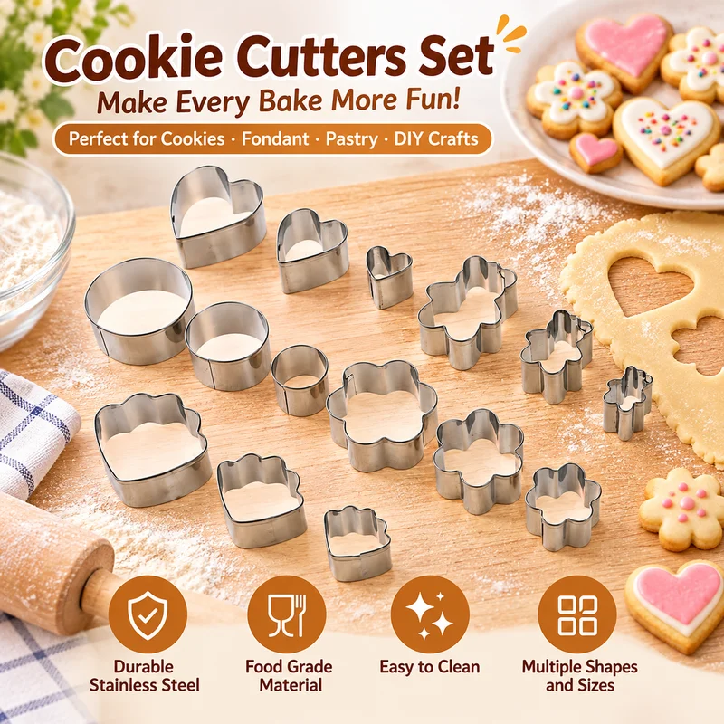 3 Size Stainless Steel Heart Flower Round Cloud Bear Shape Cookies Cutters Fondant Cake Decorating Tools Mold Kitchen Bakeware