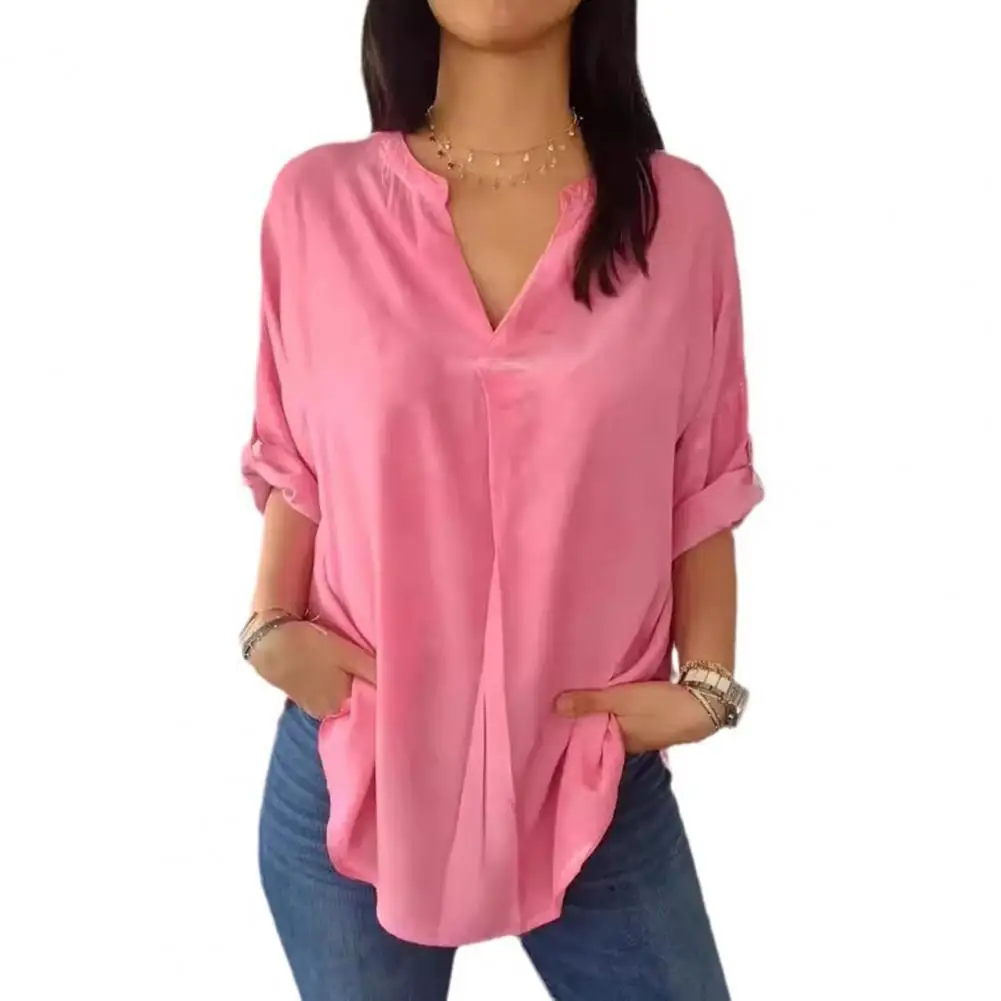 Lightweight Women Top Stylish V-neck Women's Tops with Half Sleeve Back Slit Design Loose Fit Solid Color for Daily for Women