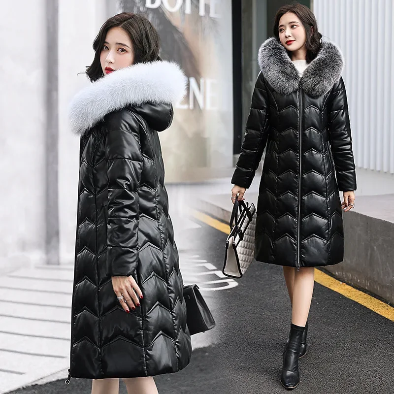 Winter Leather Jacket Women Mid-length 90% White Duck Down Coat Slim Warm Fox Fur Collar Elegant Puffer Jackets Womens Clothing