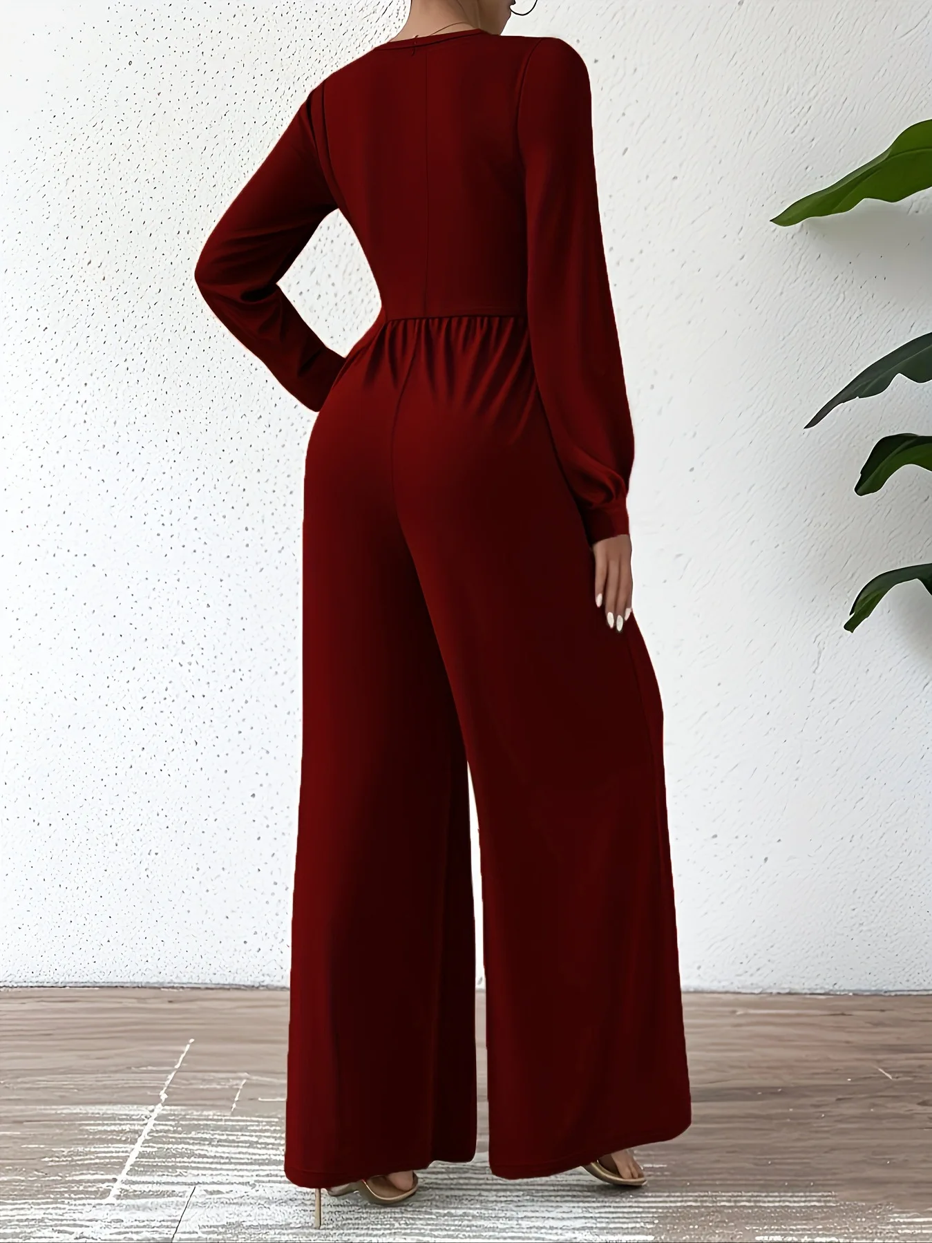 ربيع الخريف أنيقة المهنية ملابس نسائية بذلة موضة بلون الخامس الرقبة طويلة الأكمام Cinched الخصر قطعة واحدة السراويل
