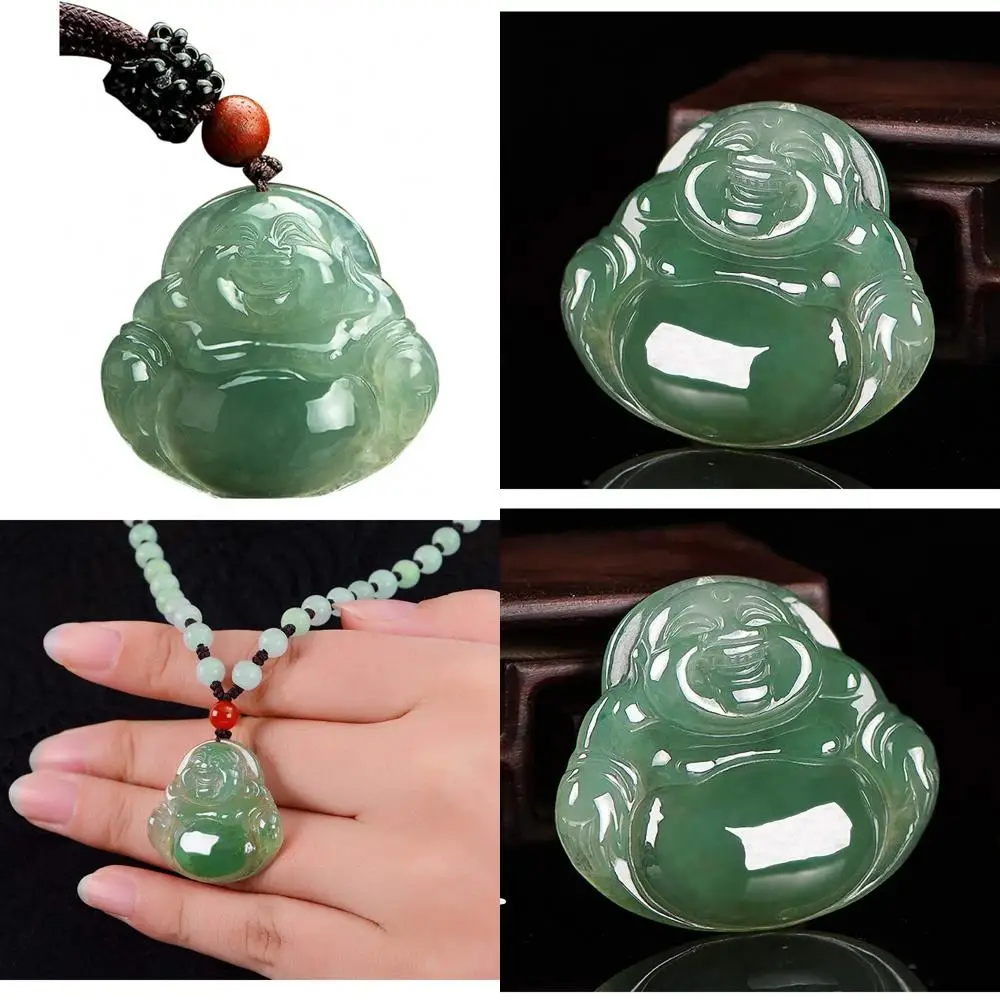 

Jadeite Maitreya Buddha Amulet Pendant - Natural Green Jade Happy Laughing Buddha Statue Charm
