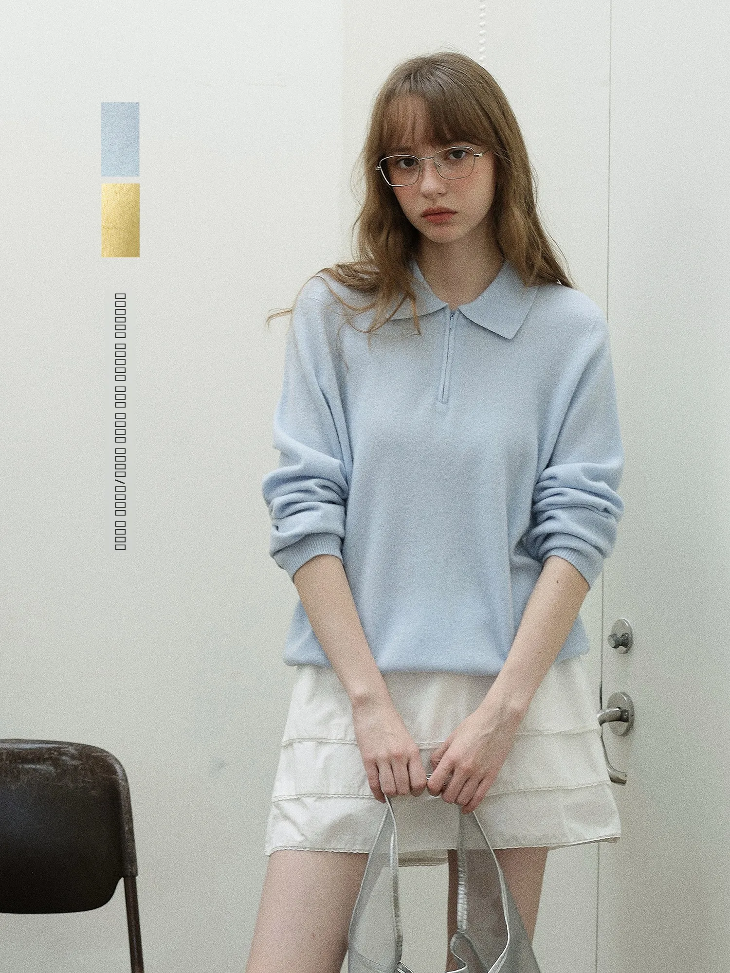 

Вязаный свитер Enroute Spring 2026 Early Spring с воротником на молнии, 260 г, шерсть, двухцветный, женский, свободный крой, теплый, модный