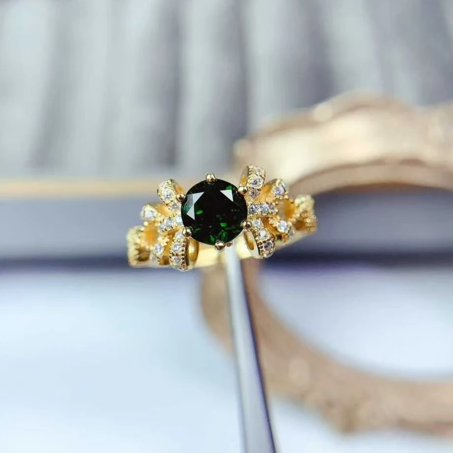 

Exquisite 925 Silver Ring Natural Diopside Ring for Women 6mm 0.7ct Genuine Russian Chrome Diopside Silver Jewelry