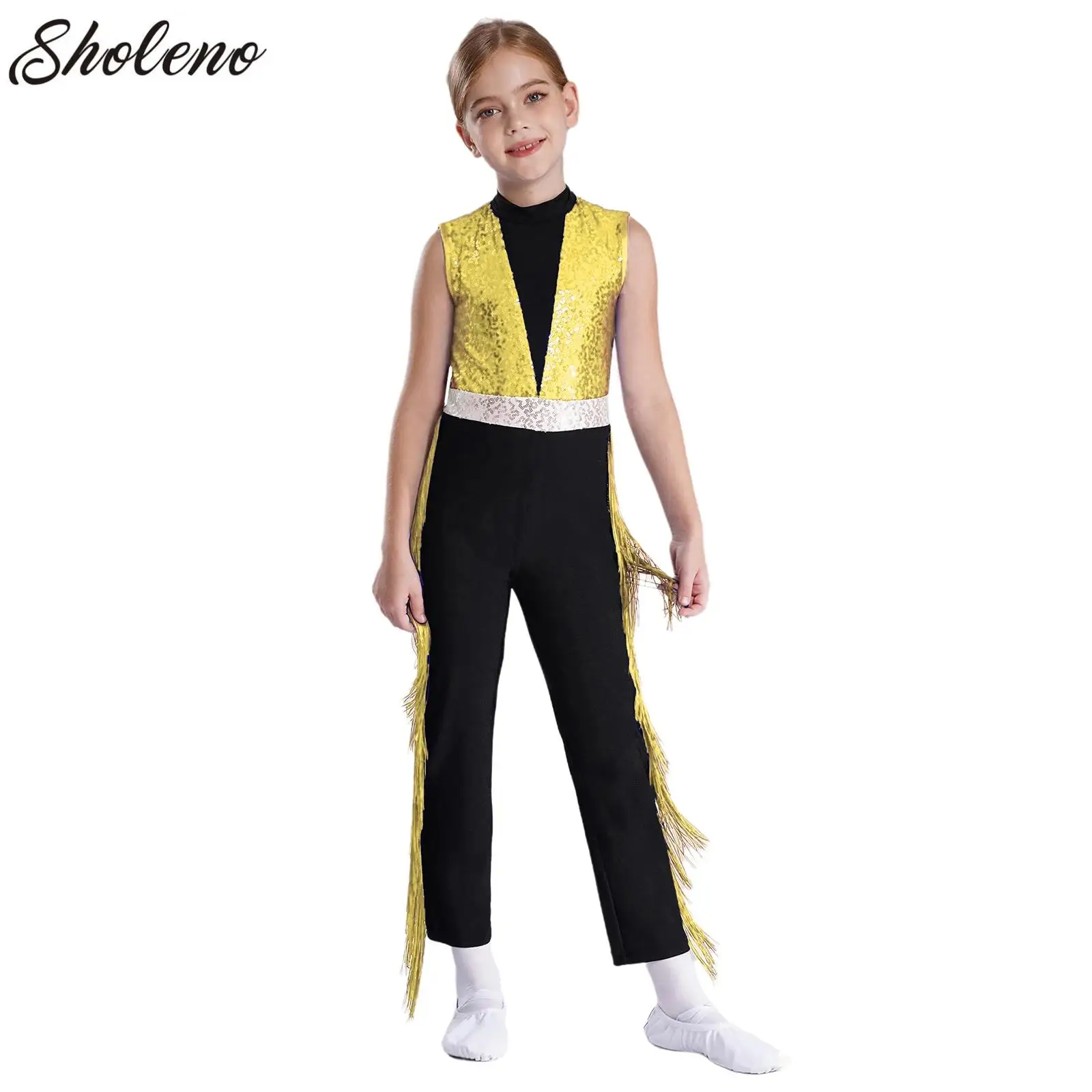 

Kids Girls 70s Hippie Costume Sequins Tassel Latin Jazz Dancing Gymnastics Performance Jumpsuit Color Block Fringe Bodysuit