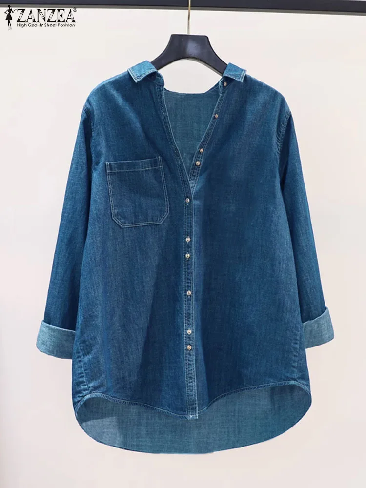 ZANZEA Vintage Long Sleeve Shirt Fashion Women Denim Shirt 2024 Spring Pocket Buttons Tops Casual Retro Lapel Blusas Oversized