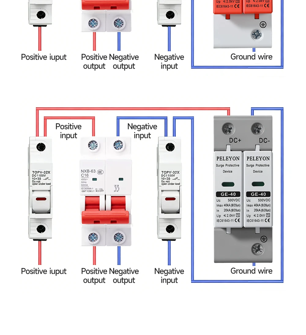 PELEYON 1 Stück DC 500/600V 10KA~20KA SPD DC 800/1000V 20KA~40KA Roter Überspannungsschutz für Häuser, Niederspannungs-Ableitergerät – Detail 9