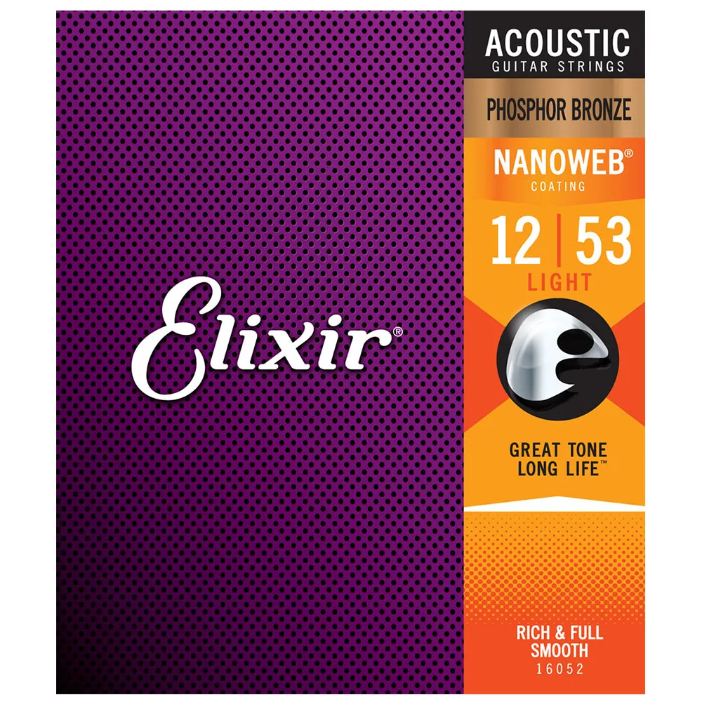 16052 Elixir Acoustic Guitar Strings Phosphor Bronze With NANOWEB® Ultra Thin Film Guitar Strings .012 .016 .024 .032 .042 .053