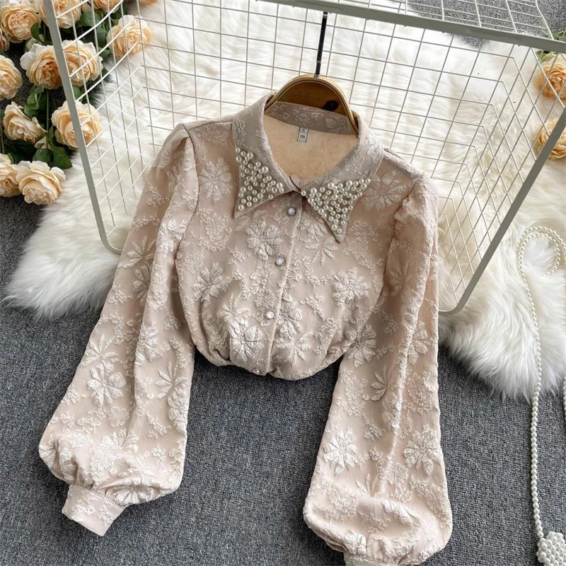 Vintage Pearl Lapel Flower Embroidered Flares Polo-neck Women\'s Blouse Shirt Long Sleeve Single Breasted Loose Female Blouses