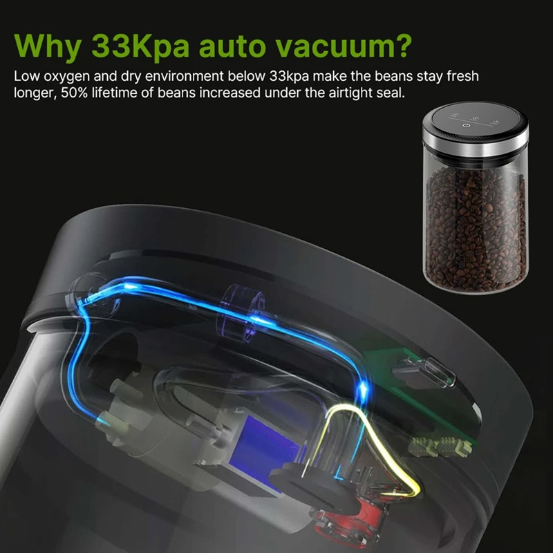 Botes de café al vacío con tapas herméticas, tarro de almacenamiento con pantalla táctil de vacío y parada automática de 33Kpa, 1,6l/54Oz