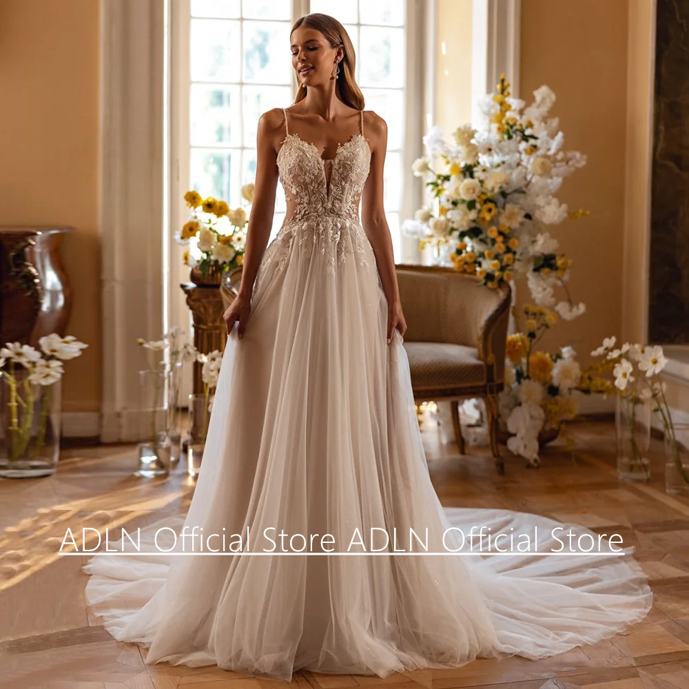 Sexy Hochzeitskleid, maßgeschneidert, mit Perlen verziert, Spaghettiträger, V-Ausschnitt, Pailletten, Applikation, Hofschleppe, Illusion, Glitzer, Brautkleid