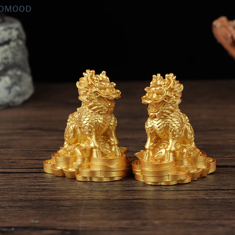 1 Pair Chinese Copper Fengshui Kylin Chi-lin Qilin God Beast Statue For Home Decoration