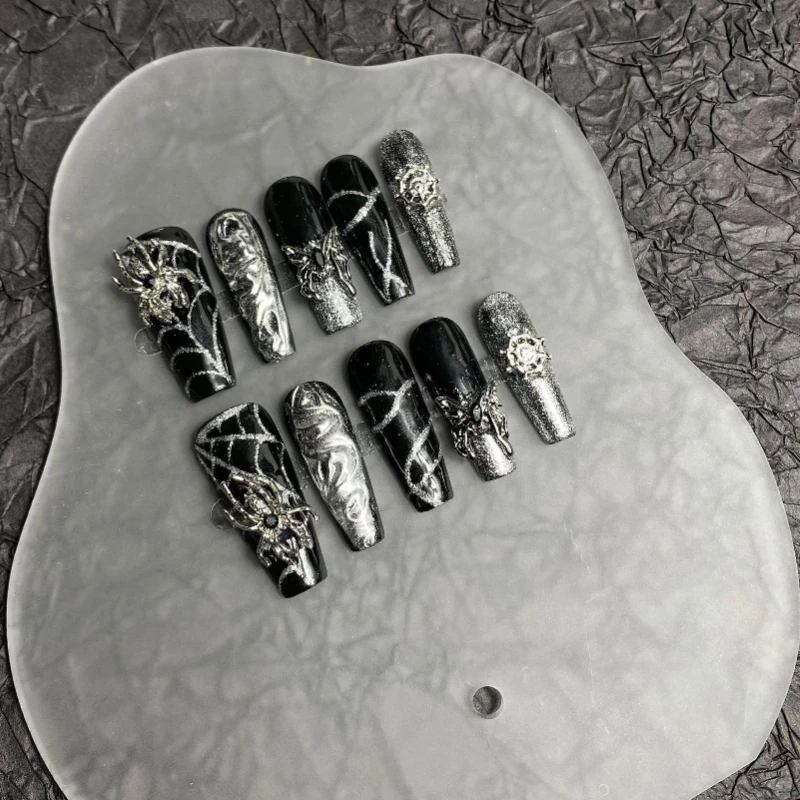

10PCS Gothic Long Coffin Press on Nails Handmade Heavy Metal Silver 3D Spider Butterfly Decor French False Nails Sweet Cool Nail