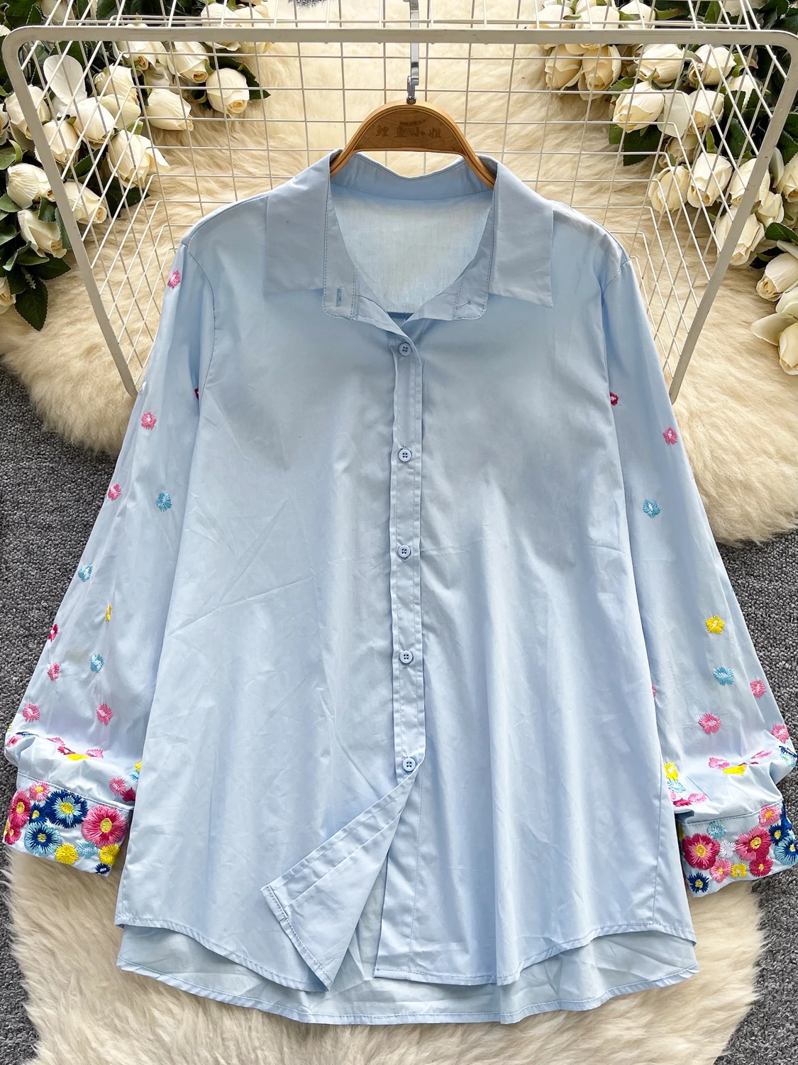 

Ele Long Sve вышитый irt женский свободный крой для похудения повседневный кардиган на одной пуговице топ тяжелый рабочий цветочный дизайн