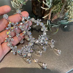 Women Temperament Bling Earrings Silver Needle Hollowed Out Water Drop Large Earrings Tassels Long Personalized Earrings Gifts