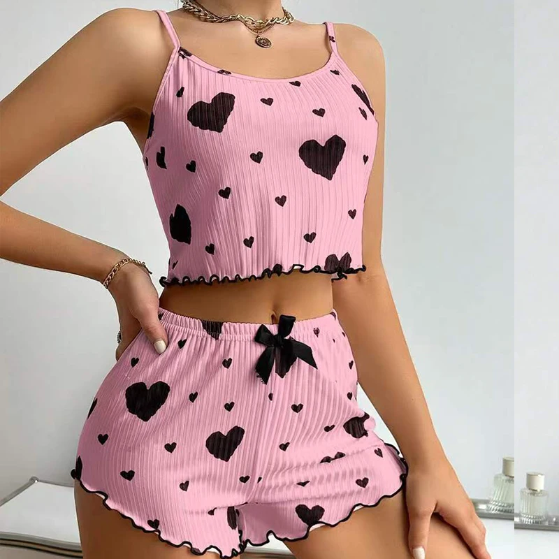 Women’s 2PCS Heart Print Pajama Set Sleeveless Crop Top and Shorts, Soft Comfy Sleepwear Loungewear for Summer Nightwear