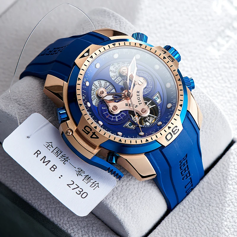 ريف تايجر/RT تريند ستايل أورورا مسدس ساعة أوتوماتيكية للرجال كاملة التقويم الغوص شريط مطاطي الميكانيكية Rejos RGA3503