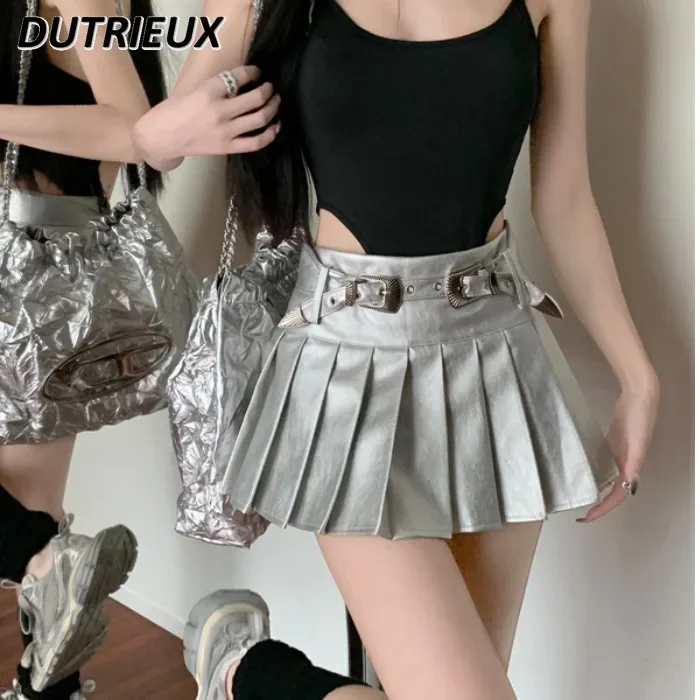 

Hot Girl Silver Pleated Skirt Women's Summer American Double-Headed Belt Leather Skirts Short Design Sense A- Line Faldas