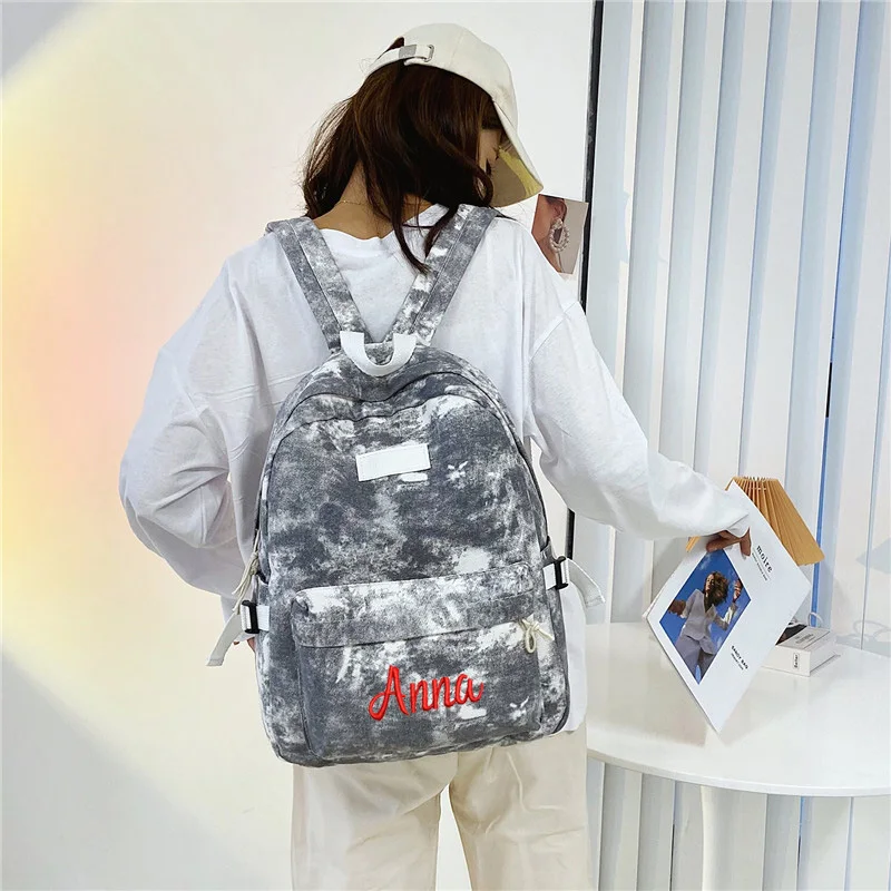 Customized Name Student Backpack Female High-Capacity Middle And High School Students Tie Dyed Canvas Backpack