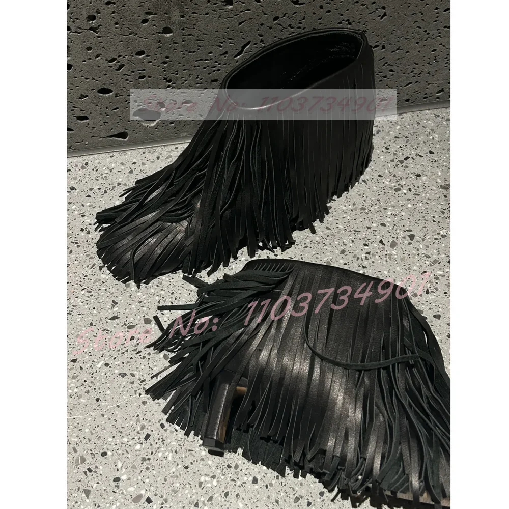 Tassels Black Short Boots Women Nightclub Punk Sexy Round Toe Slip-On High Heels Boots Ladies Party Fashion Nifty Stiletto Shoes