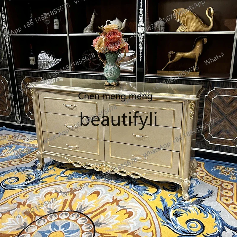 

French solid wood entrance cabinet, European luxury neoclassical living room decoration table champagne carved entrance cabinet6