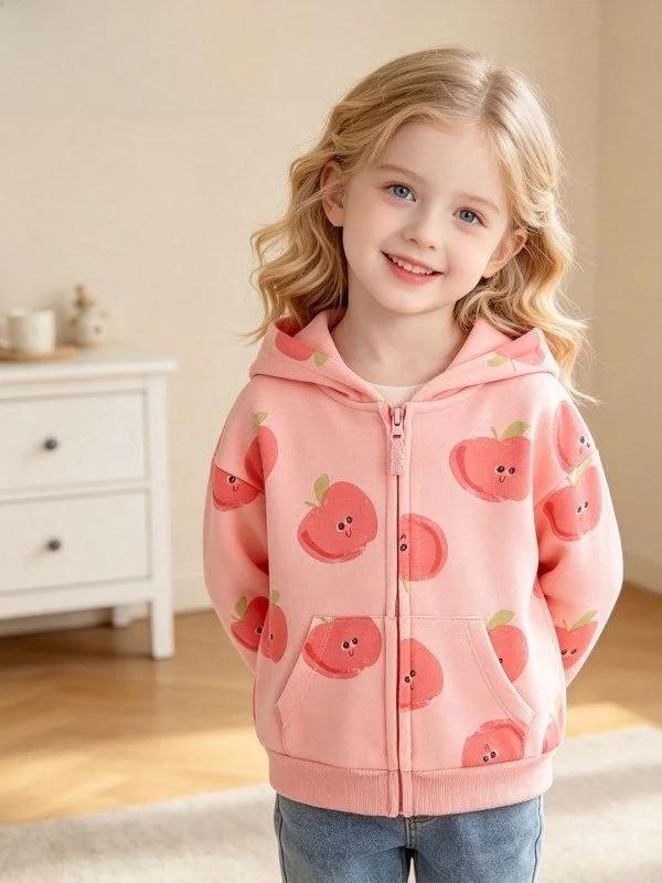 Kids Hoodie Jacket Comfortable Pure Color Casual Style Girls Spring Autumn Cotton Outerwear Zipper Closure Fruit Pattern  Yk129
