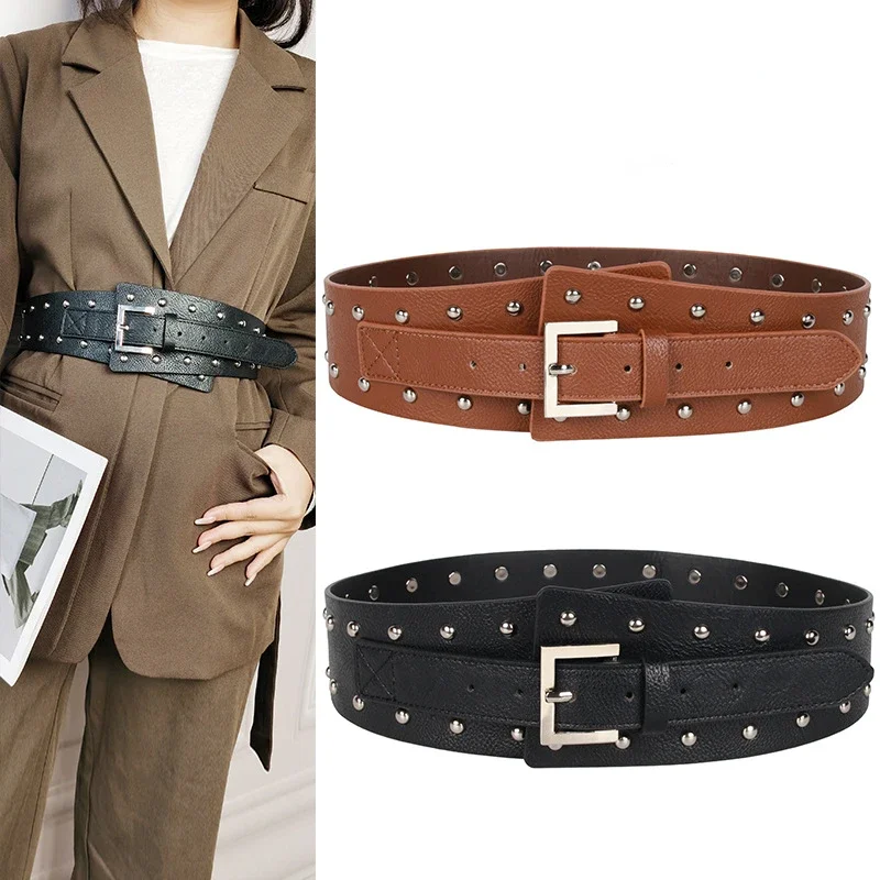 

Punk Style Wide Waistband Personality Trend Belt Leather Belt Female Rivet Designer Fashion Cinched Belt