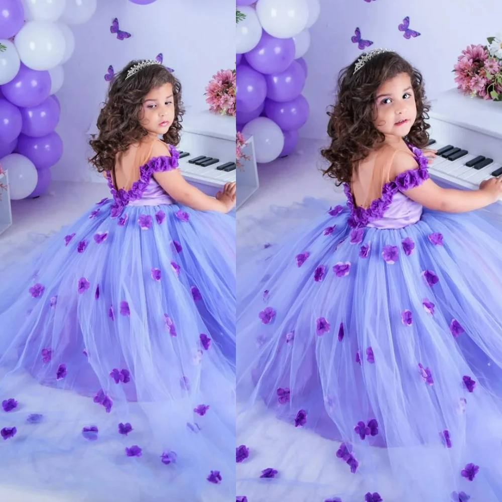 Lovely Purple Flower Girl Dress Wedding Sheer Neck Appliqued Lace Tiered Tulle Princess Little Baby Girls Birthday Party Dress