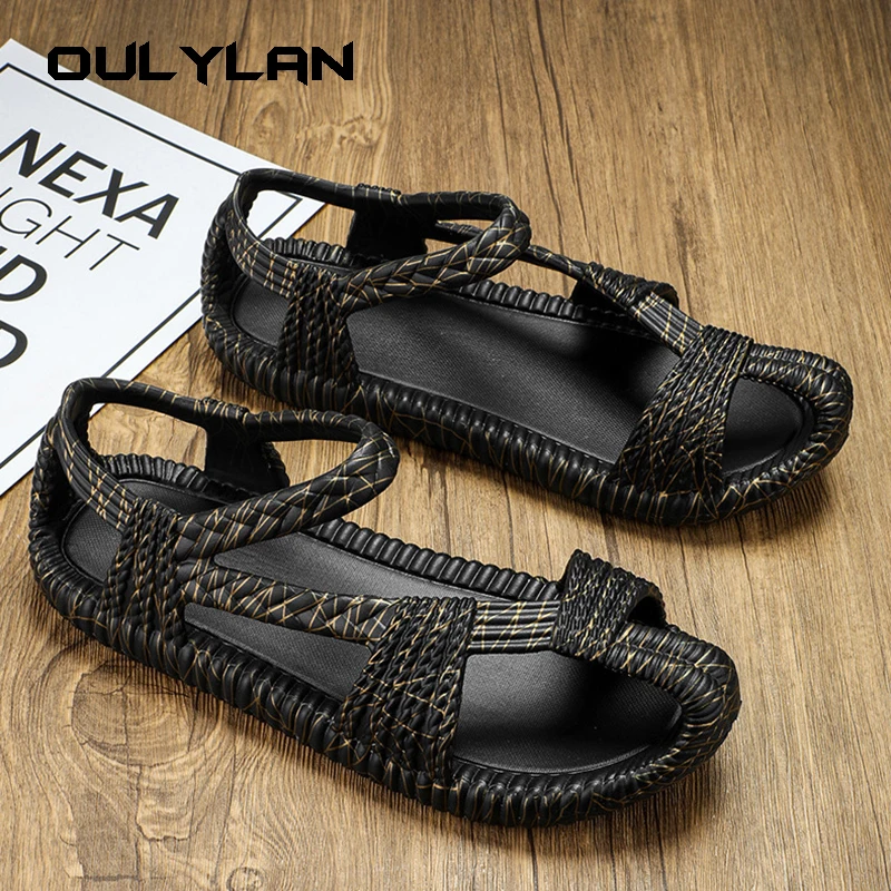 Oulylan Sandals for Men EVA Woven Grass Shoes Beach Retro Handmade Shoes Large size 36-37  Driving Sandals Unisex