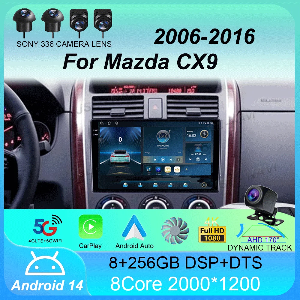 Car Radio Android 14 Carplay Auto For Mazda CX9 CX-9 TB 2006 2007 2008 2009 2010 2016 Multimedia Player Video Stereo WIFI+4G DSP