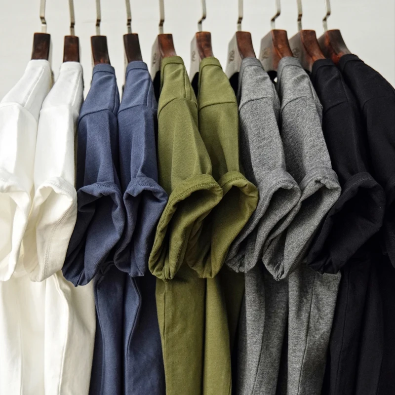 Sauce Zhan Mans T Shirts Henry Collar Pure Cotton Solid 5 Color Summer Short Sleeve Vintage Style Regular Fit 230g/m²
